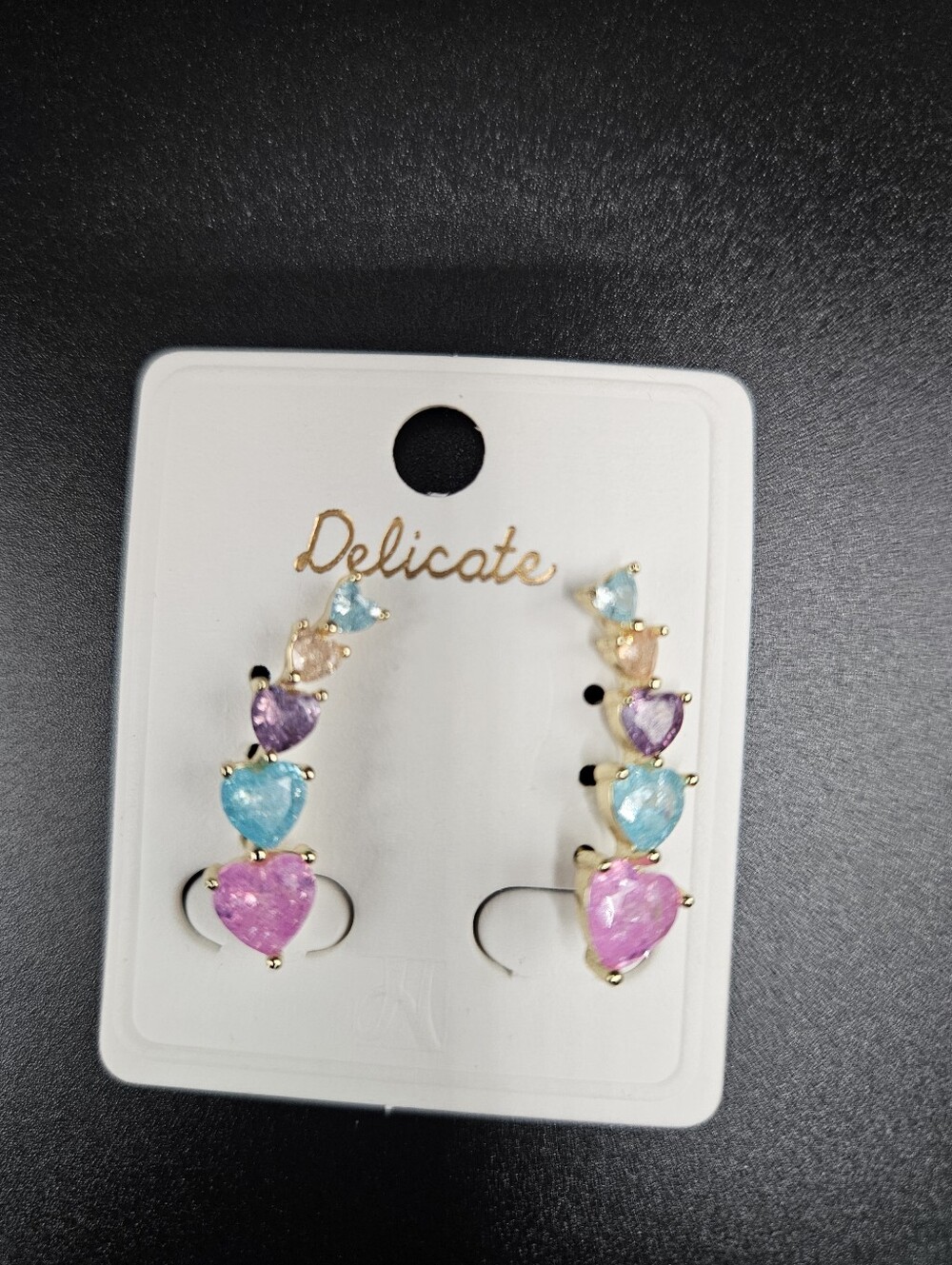 Delicate Gold-Tone Multi-Heart Crystal Ear Climbers - Pink, Aqua, Purple
